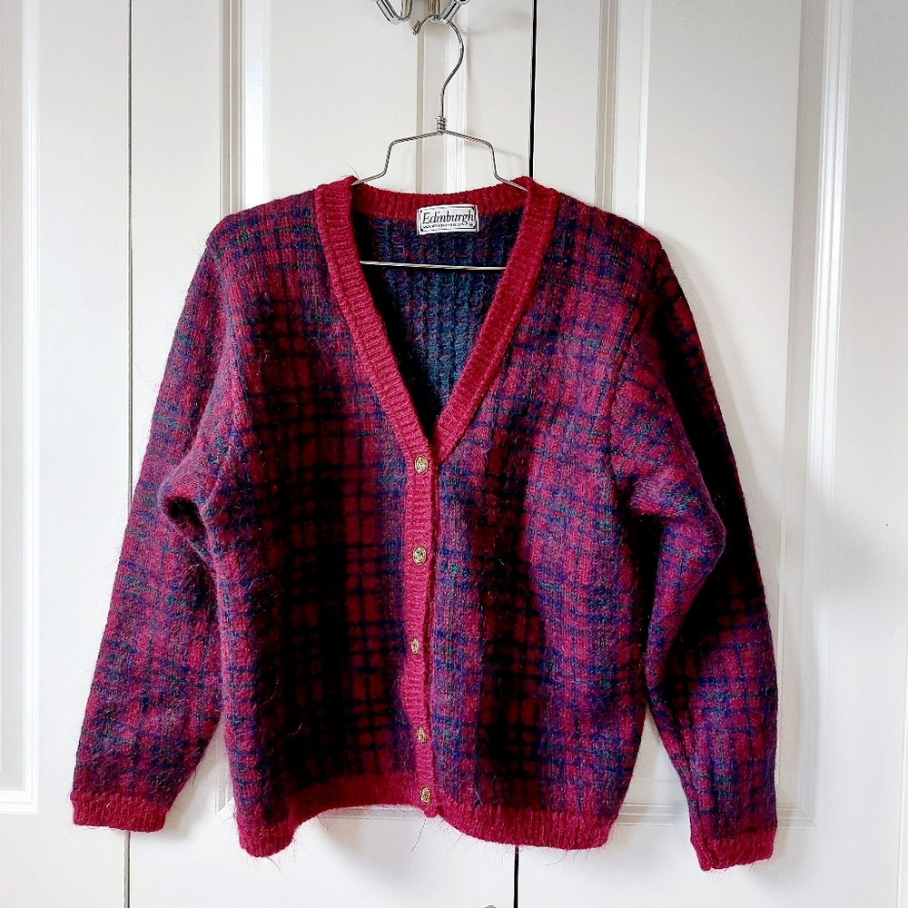 Burgundy Plaid Mohair Christmas Cardigan Edinburgh Small (34-36) Vintage‎